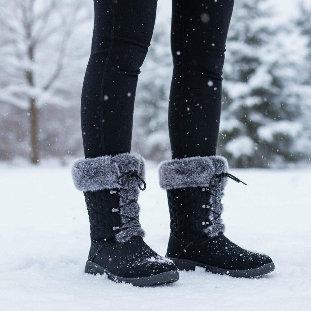 Black Quilted Faux Fur Winter Snow Boots Grey Trim Lace-Up Water Resistant Sz 7